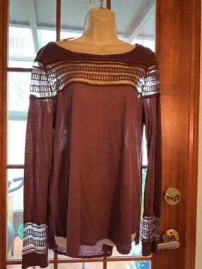 Free People Long Sleeve Sheer Lace Yoke Tunic in Plum